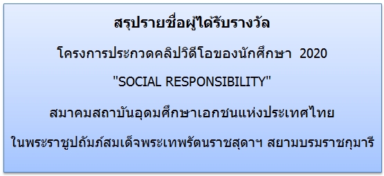 สรุปรายชื่อผู้ได้รับรางวัล โครงการประกวดคลิปวิดีโอของนักศึกษา 2020 "SOCIAL RESPONSIBILITY"